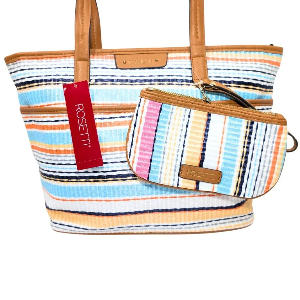 Rosetti NWT Castro Multicolor Woven Stripe Faux Leather Tote and Wristlet - Picture 2 of 9